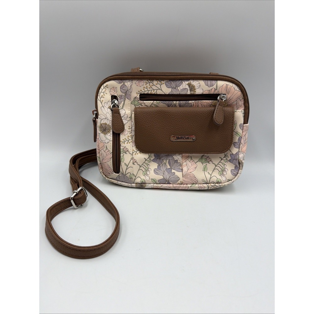 MultiSac Women's Multicolor Floral Crossbody Bag Zip Closure Pockets Brown Strap